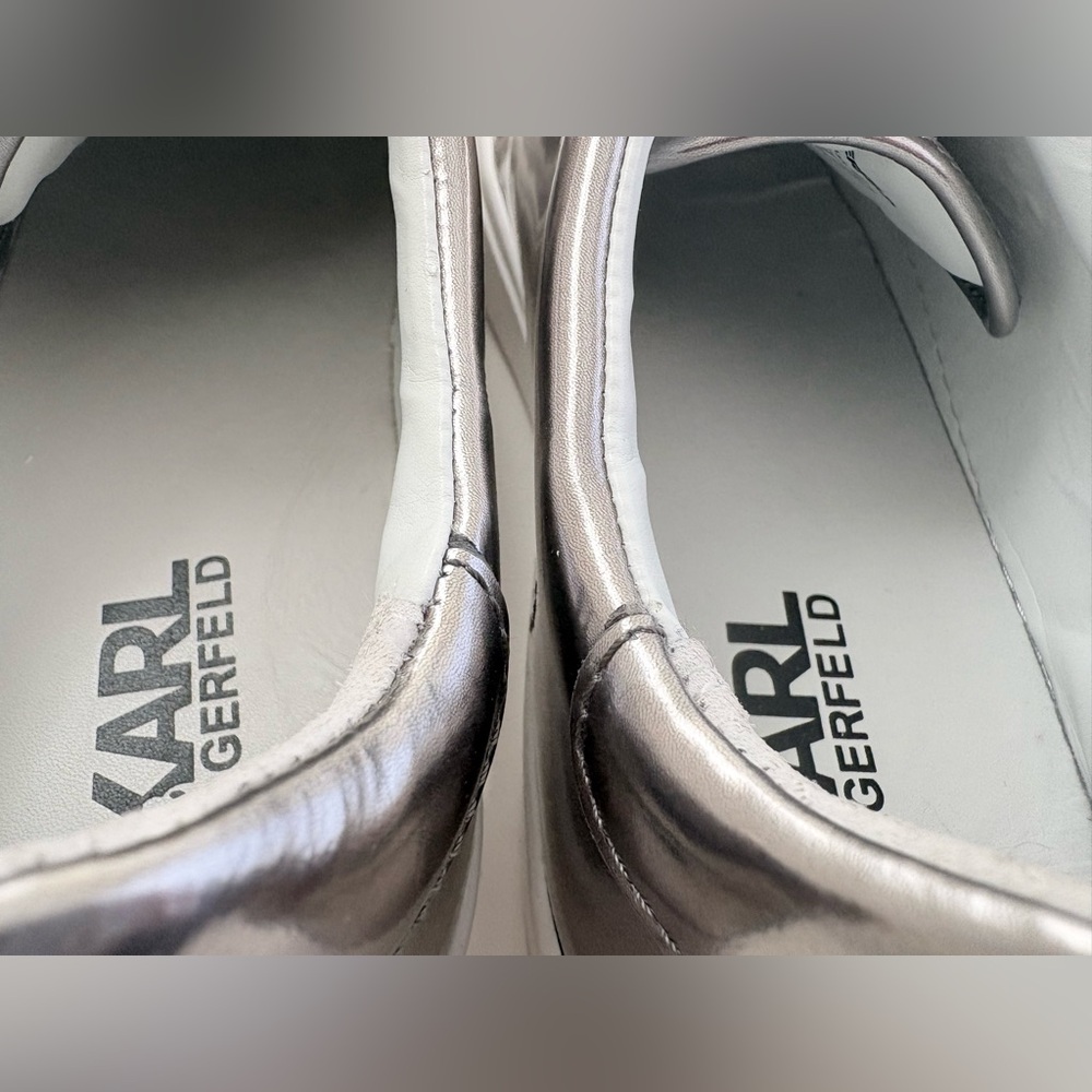 Karl Lagerfeld Metallic Silver Lace Up Sneakers with Icon Patch in size 8! - Picture 10 of 15